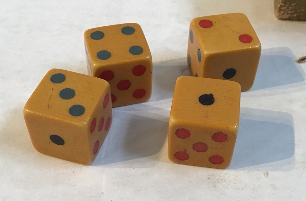 Antique Tri Color Dice And Broken Snap Box