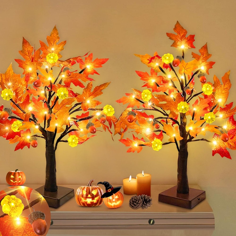TURNMEON Thanksgiving Decorations 2 Pack 18 Inch Prelit Fall Maple Tree Fall Dec
