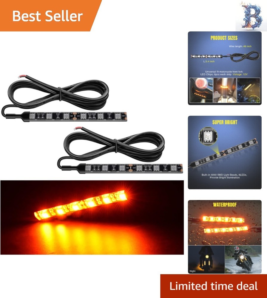 Easy-Install 2-Pc Amber LED Light Strips - Waterproof for ATVs & Motorcycles