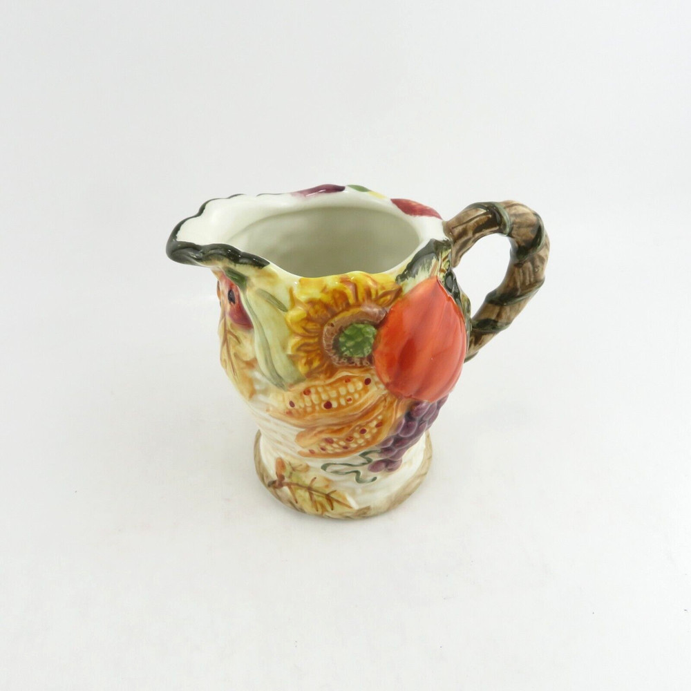 Autumn Fall Ceramic Creamer Mini Pitcher Beige Wicker Appearance w/ Vegetables
