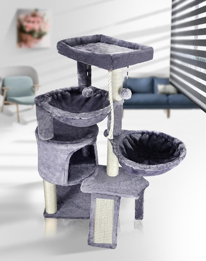 Three Layer Cat Tree Grey with Condo Hammocks and Scratching Posts