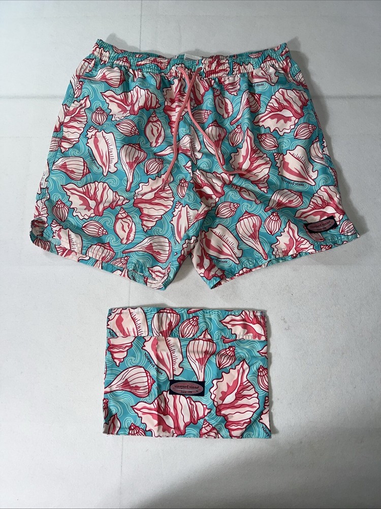 Vineyard Vines Men’s Swim Trunks Medium Blue With Conch Shells Draw Strings