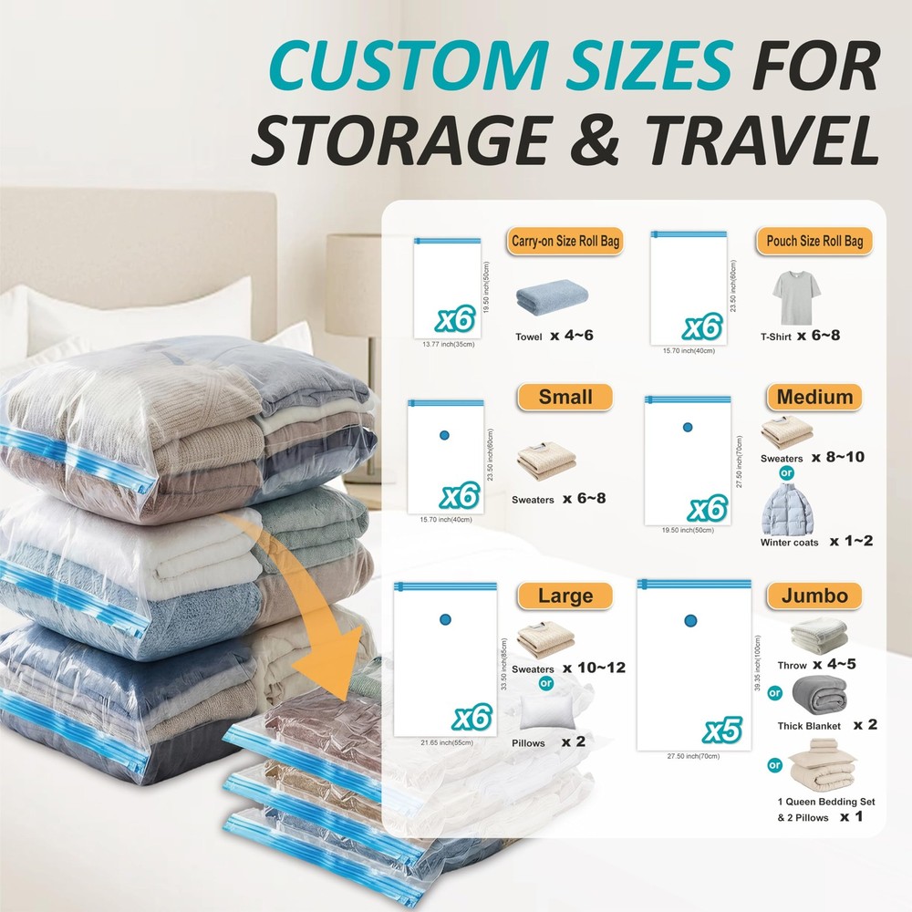 Cozy Essential Vacuum Storage Bags, 80% Compression Combo, Transparent