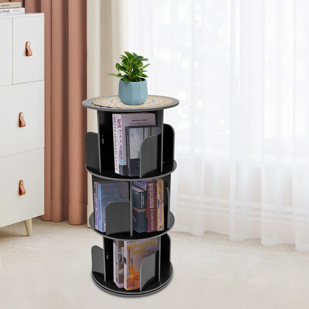 3-tier Spinning Bookcase Storage Rack 360° Rotating Book Shelf Space Saving