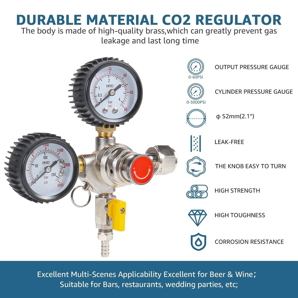 CO2 Regulator Draft Beer Regulator 60PSI Output Pressure Dual Stages Kegerato...