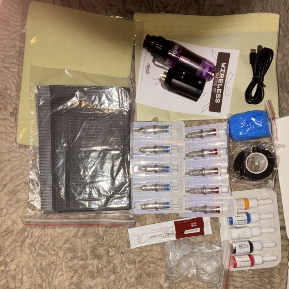 Wireless Multifunctional Tattoo Kit Black/Purple Machine, Ink, Needles, USB