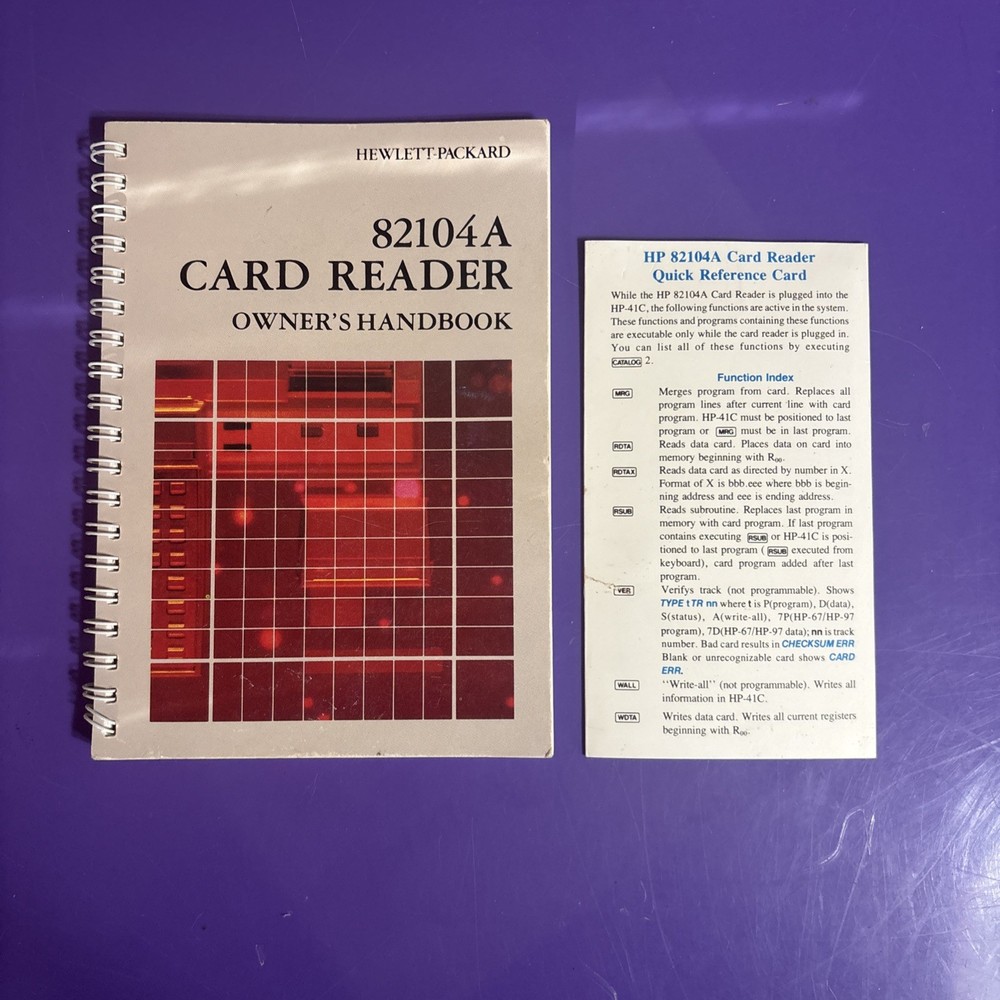 Hewlett-Packard 82104A card reader owners handbook and quick reference card.