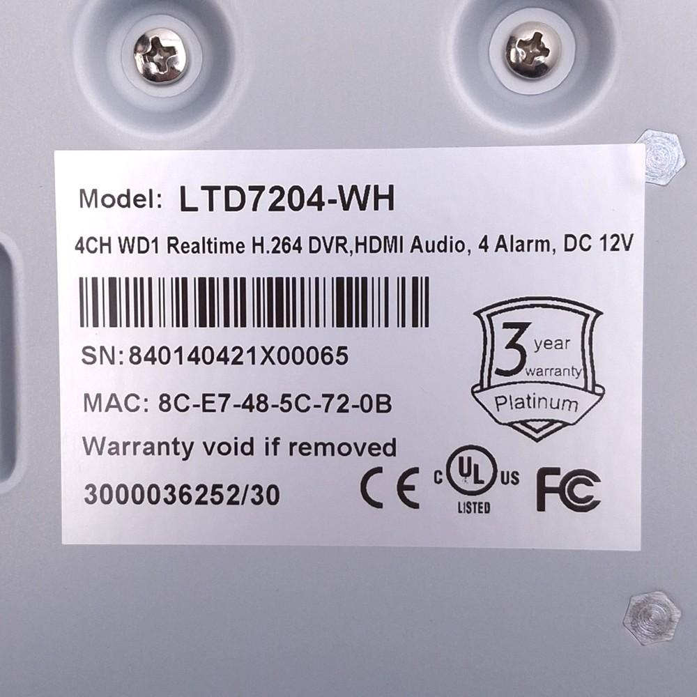 LT Security LTD7204-WH Camera DVR, 4-Channel, HDMI VGA, 1080p Max, 12VDC
