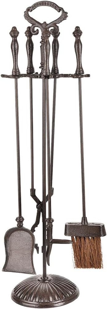 5PC Heavy-Duty Cast Iron Fireplace Tool Set with Rustic Stand