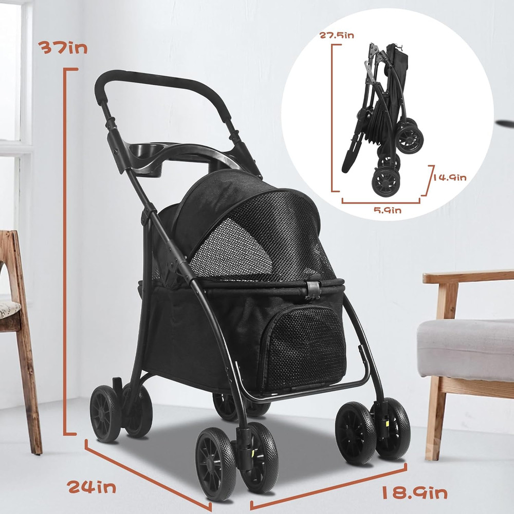 Foldable Pet Stroller, Dog Stroller for Medium Dog 20+ Lbs, 4 Wheels Cats Stroll