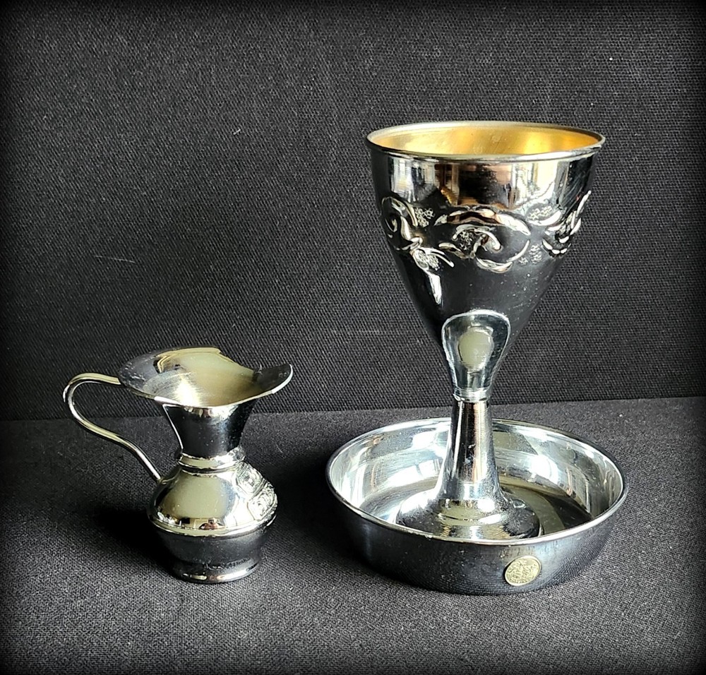 Silver-plated Kiddush cup with matching plate and small pitcher, gilded cup int.