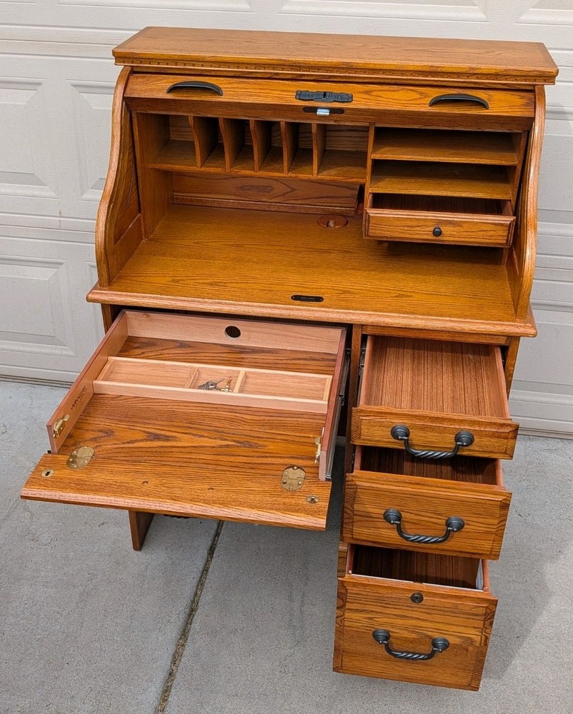 Solid Oak Roll-Top Desk by Winners Only Inc. – Locking Secretary Desk