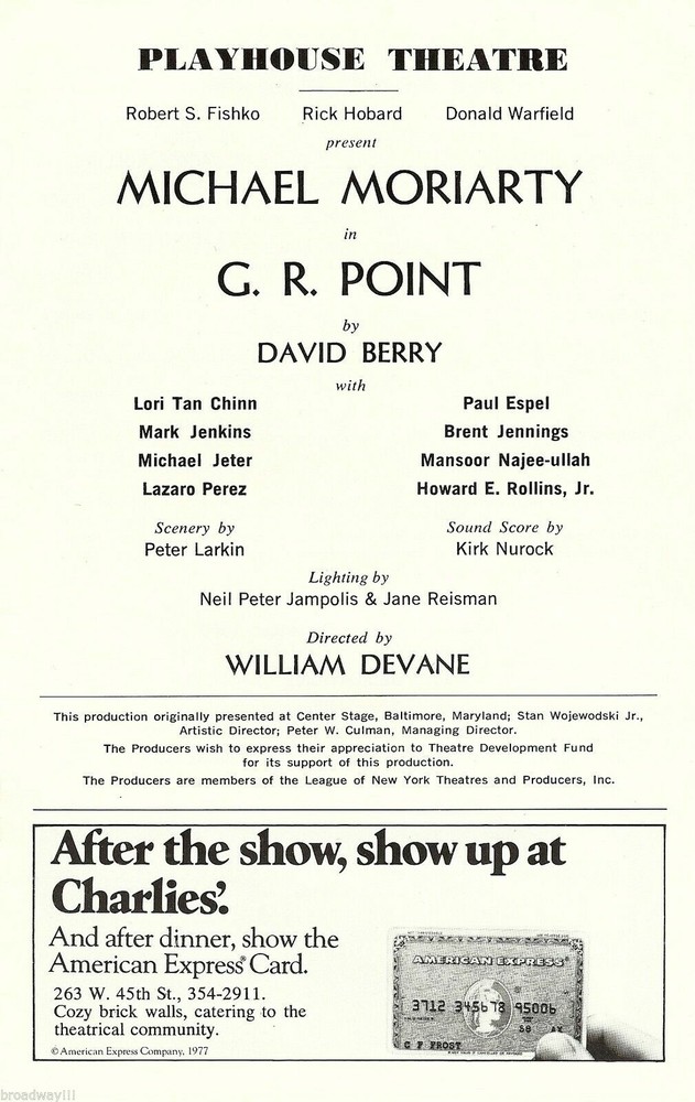 Michael Moriarty (Signed) "G. R. POINT" Michael Jeter 1979 Playbill