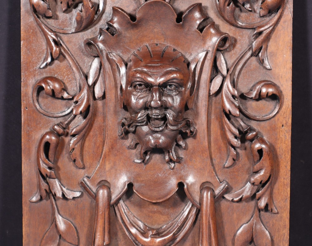 15" Tall Antique French Solid Walnut Wood Panel with Highly Carved Devil/Face