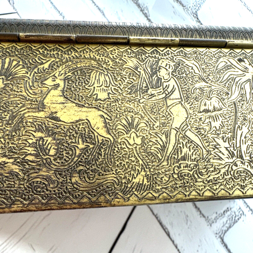 HAND TOOLED ENGRAVED SOLID BRASS STASH BOX CHEST ELEPHANT OX LION ELK HUNTER