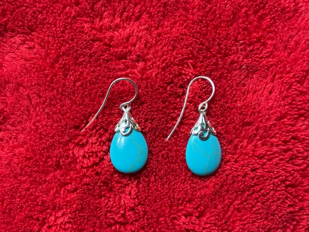 Turquoise & .925 Sterling Silver Dangle Drop Earrings Nice Set