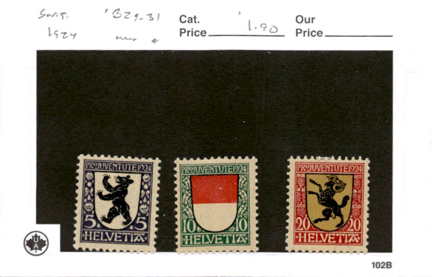 Switzerland, Postage Stamp, #B29-B31 Mint Hinged, 1924 Coat Arms (AD)