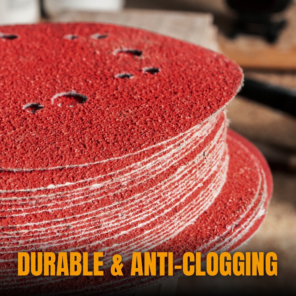 POWERTEC 150PK 5 Inch 8 Hole Hook and Loop Sanding Discs Assorted Grits (45054)