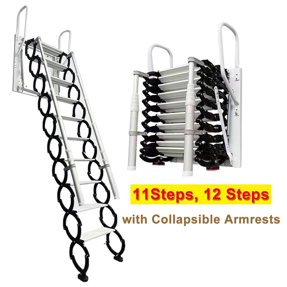 10ft Wall Mounted Folding Ladder Loft Stairs Attic Steps Pull Down + armrest