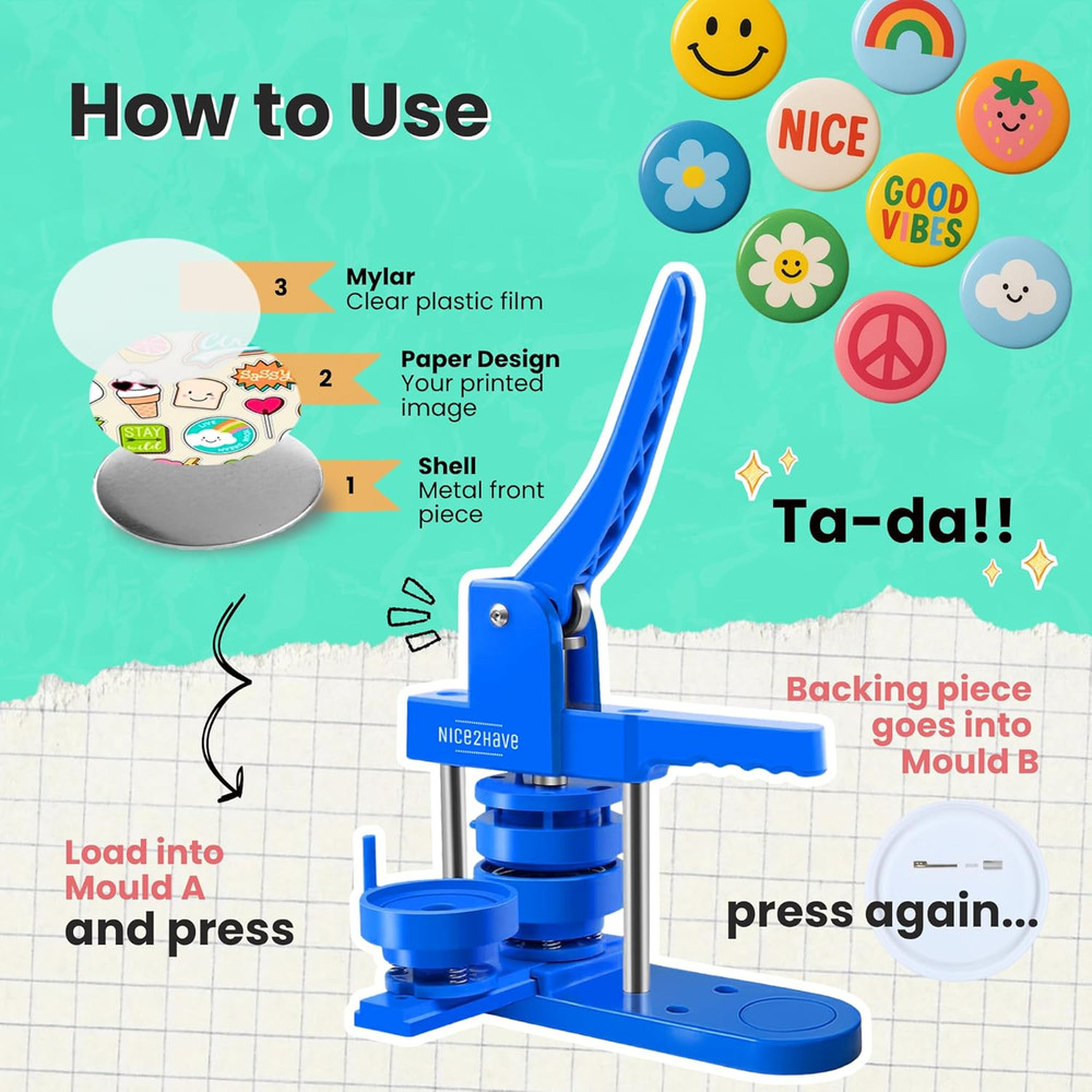 Button Maker Machine 1+1.25+2.5 Inch Pin Maker Kit - Multiple Size Molds, 500 Bu