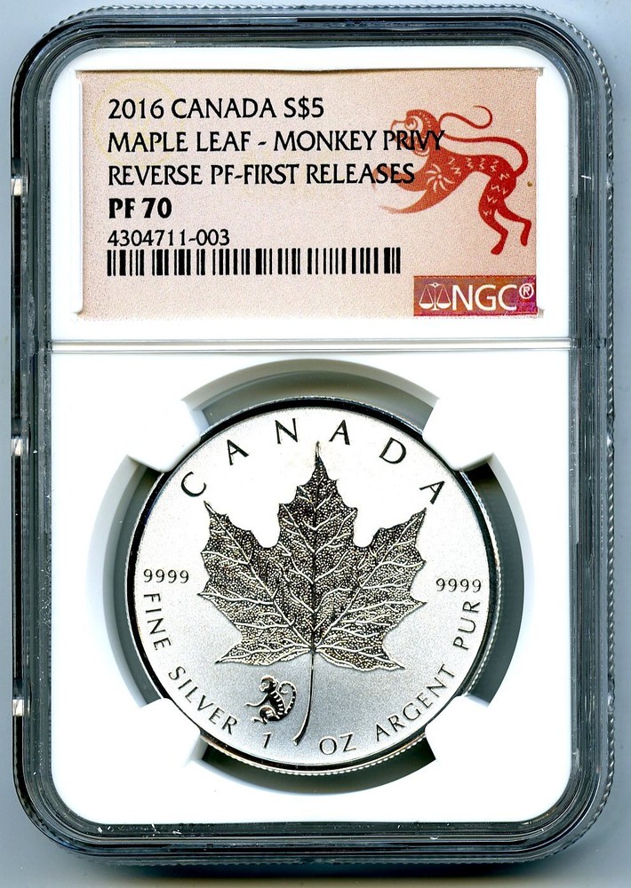 2016 $5 CANADA 1 OZ SILVER MAPLE LEAF MONKEY PRIVY NGC PF70 FR REVERSE PROOF !!
