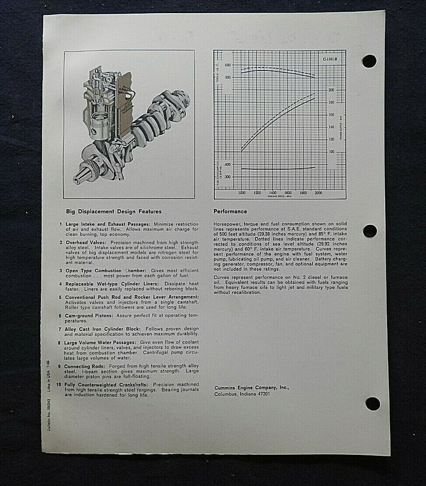 1966 GENUINE CUMMINS "NHE-195 DIESEL ENGINE" SPECIFICATION BROCHURE