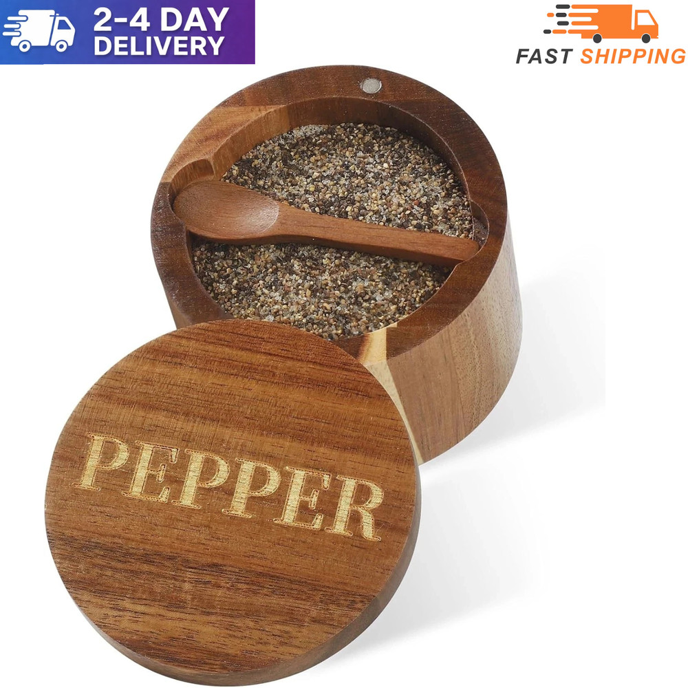 PEPPER Cellar, Acacia Wood Salt Container with Cellar