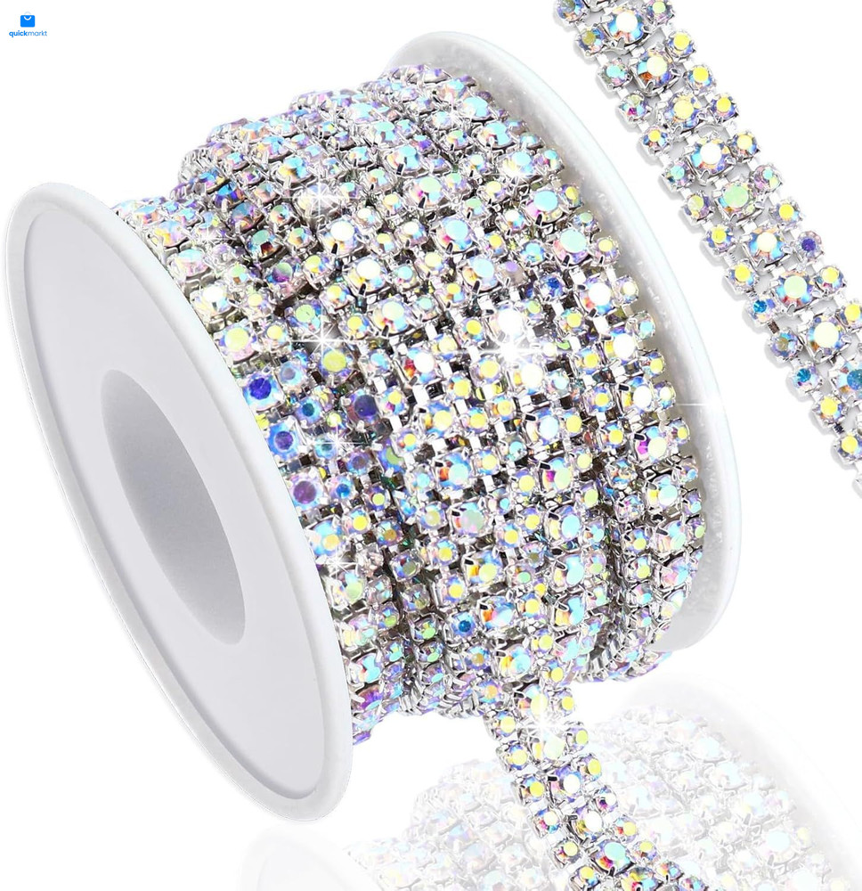 3 Yards 3 Rows Crystal Rhinestone 3 Yards, 04-AB with Silver Base
