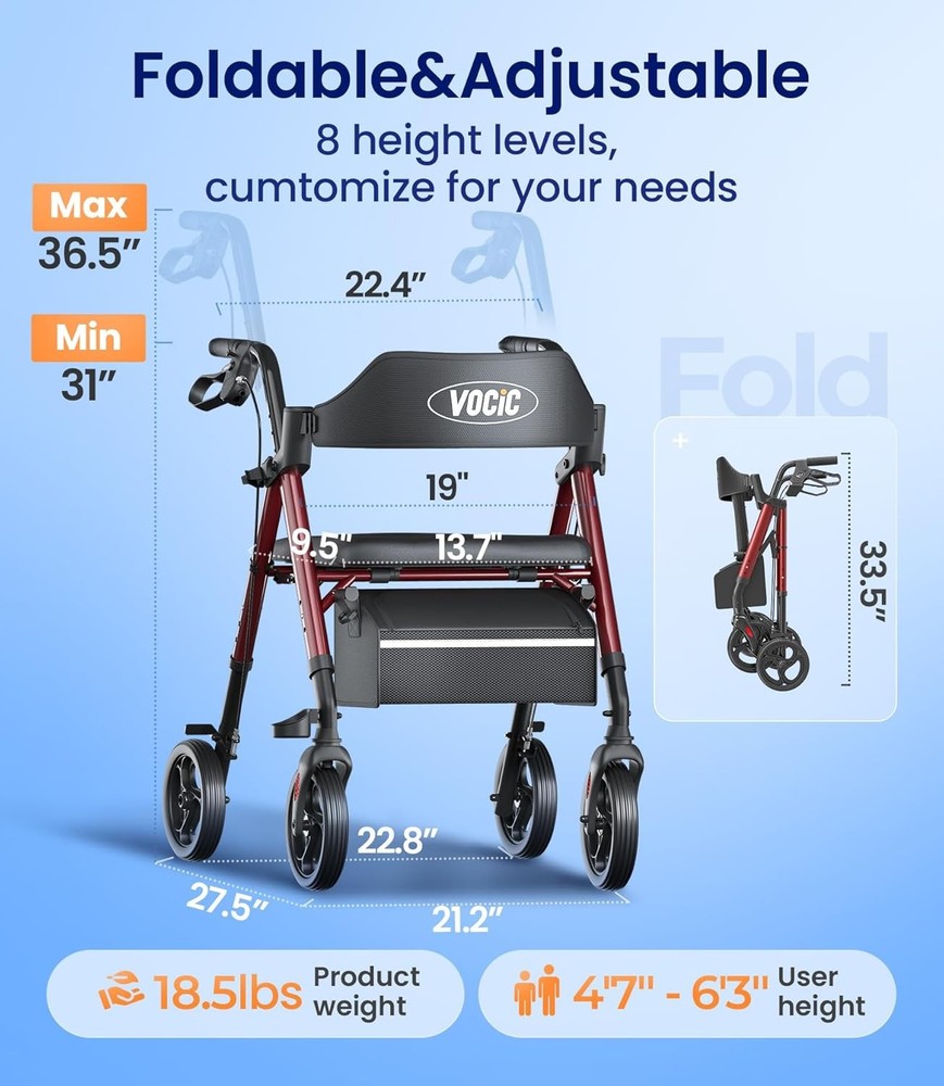 Foldable Rollator Walker Seat 350lb 8" Wheels Adjustable Backrest Support