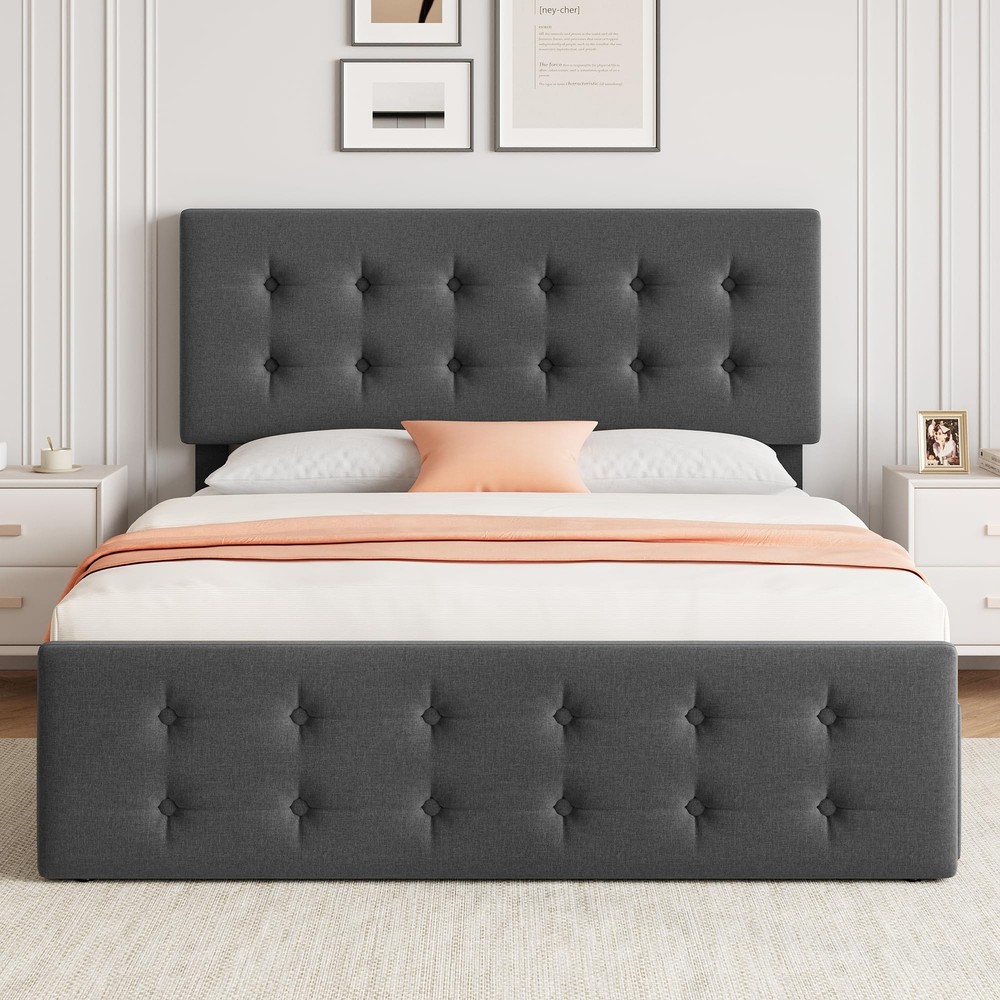 Full Size Bed Frame ,Modern Linen Upholstered Platform w/4 Storage Drawers Gray