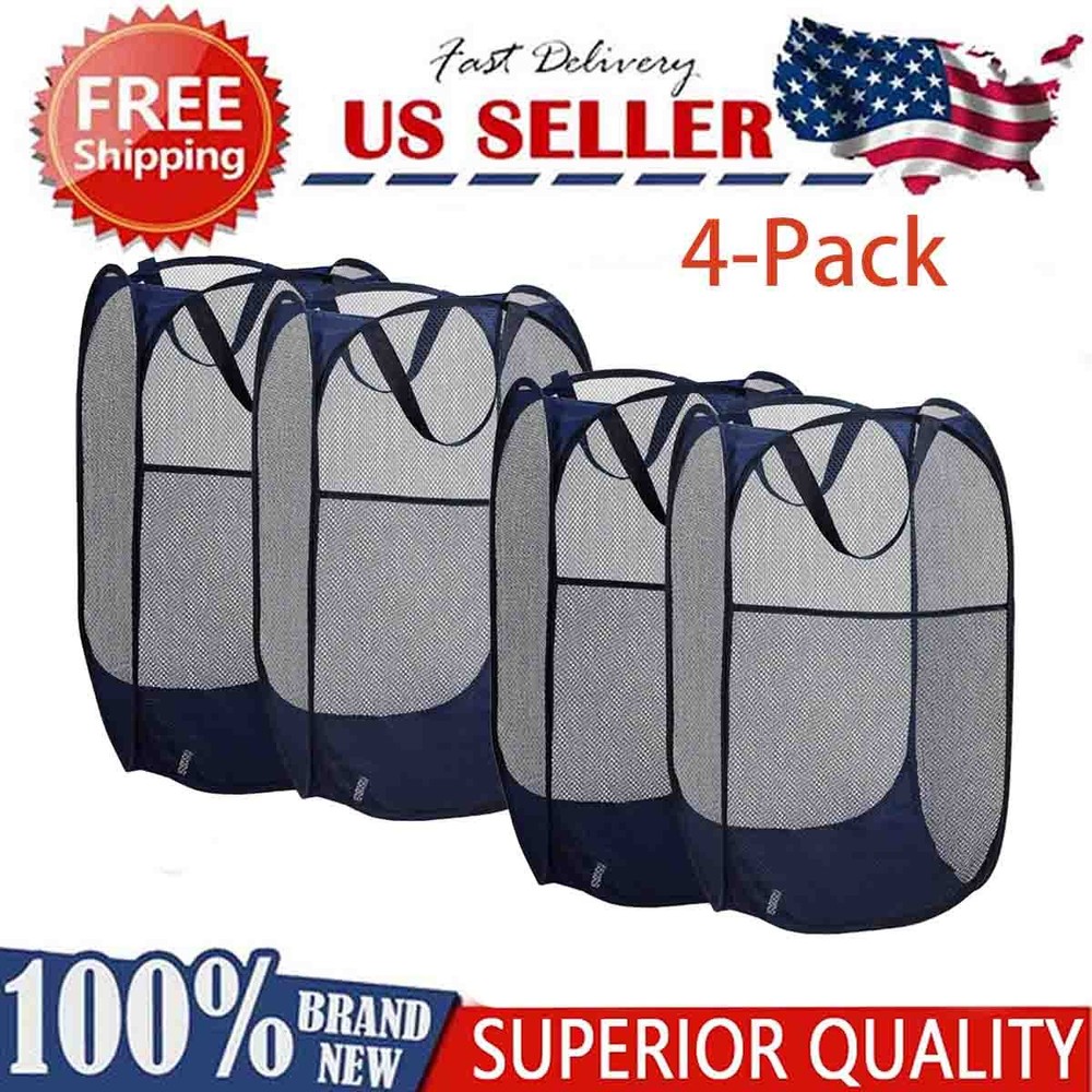 4PCS Collapsible Pop up Laundry Bag Foldable Hamper Large Mesh Clothes