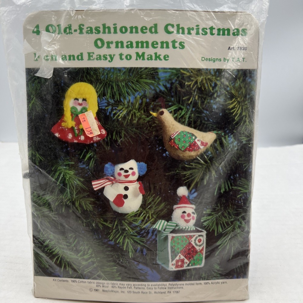 Vintage 4 Old-Fashioned Christmas Ornaments Kit By Needle Magic 1981
