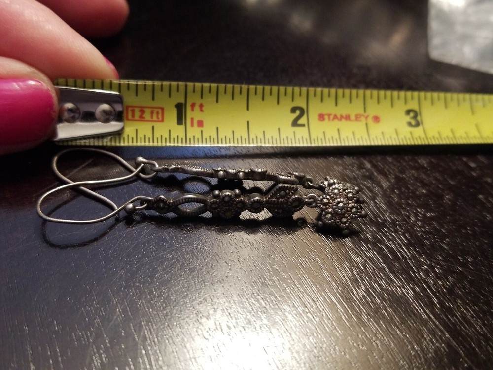 VINTAGE MARCASITE STERLING SILVER HOOK DANGLE EARRINGS SIGNED K THAI?