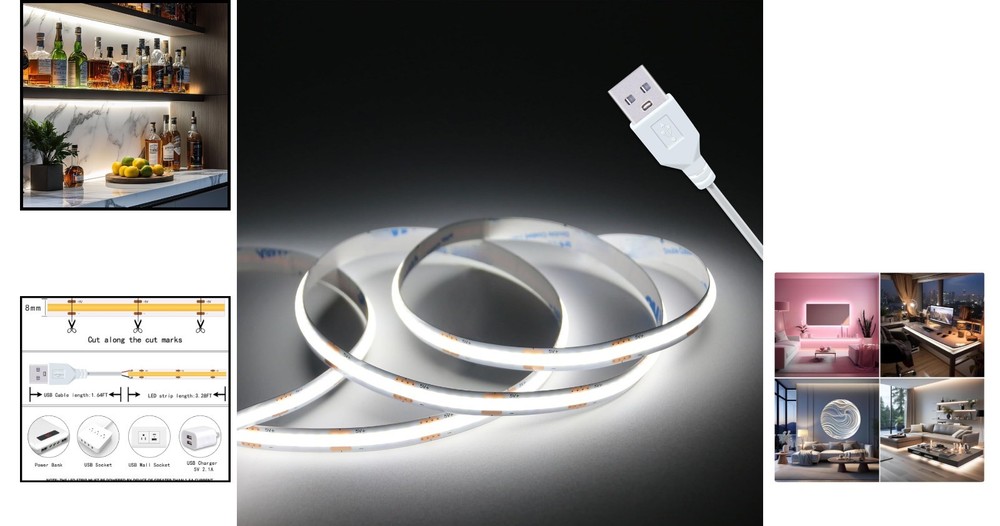 Energy Efficient 320 LED COB Strip Light - 3.28FT White USB Lighting Solution