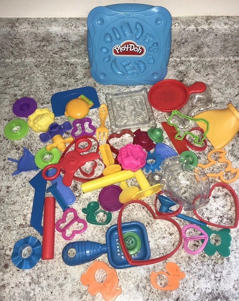 Play Doh 30+ Assorted Accessories Extruder Molds Tools Cutters Rollers Storage