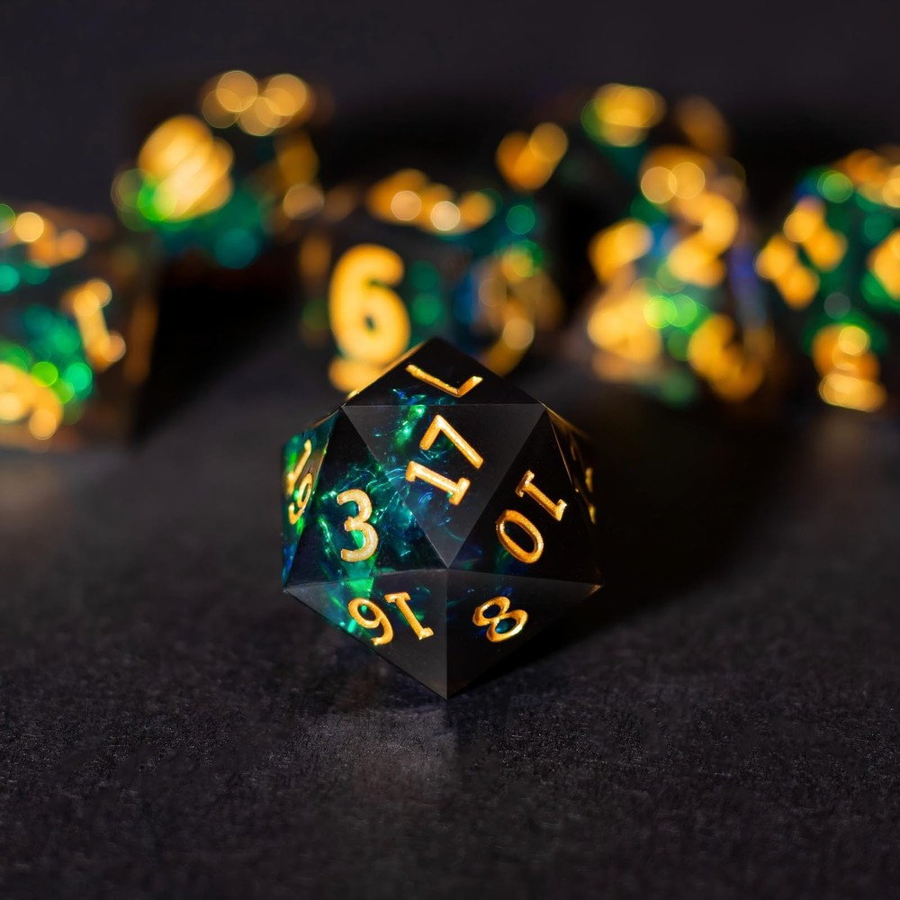 Resin DND Dice Set, 7 Pieces Handmade Sharp Edge Polyhedral Dice for Dungeons...