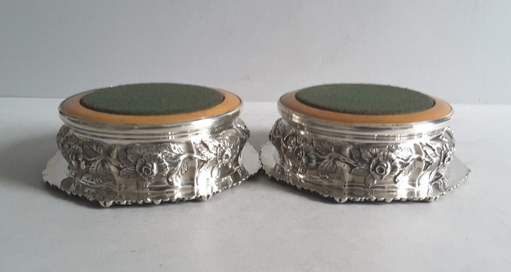 GOOD PAIR GEORGIAN ANTIQUE SOLID SILVER BOTTLE COASTERS. SHEFF. 1823.