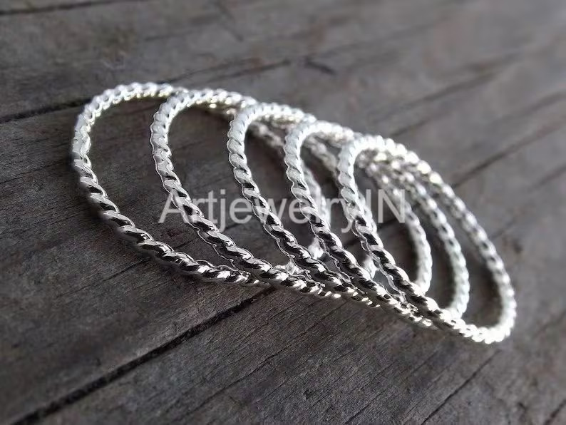 Thin Sterling Silver Stackable Rope Ring set of 5, Silver Stacking Ring All size