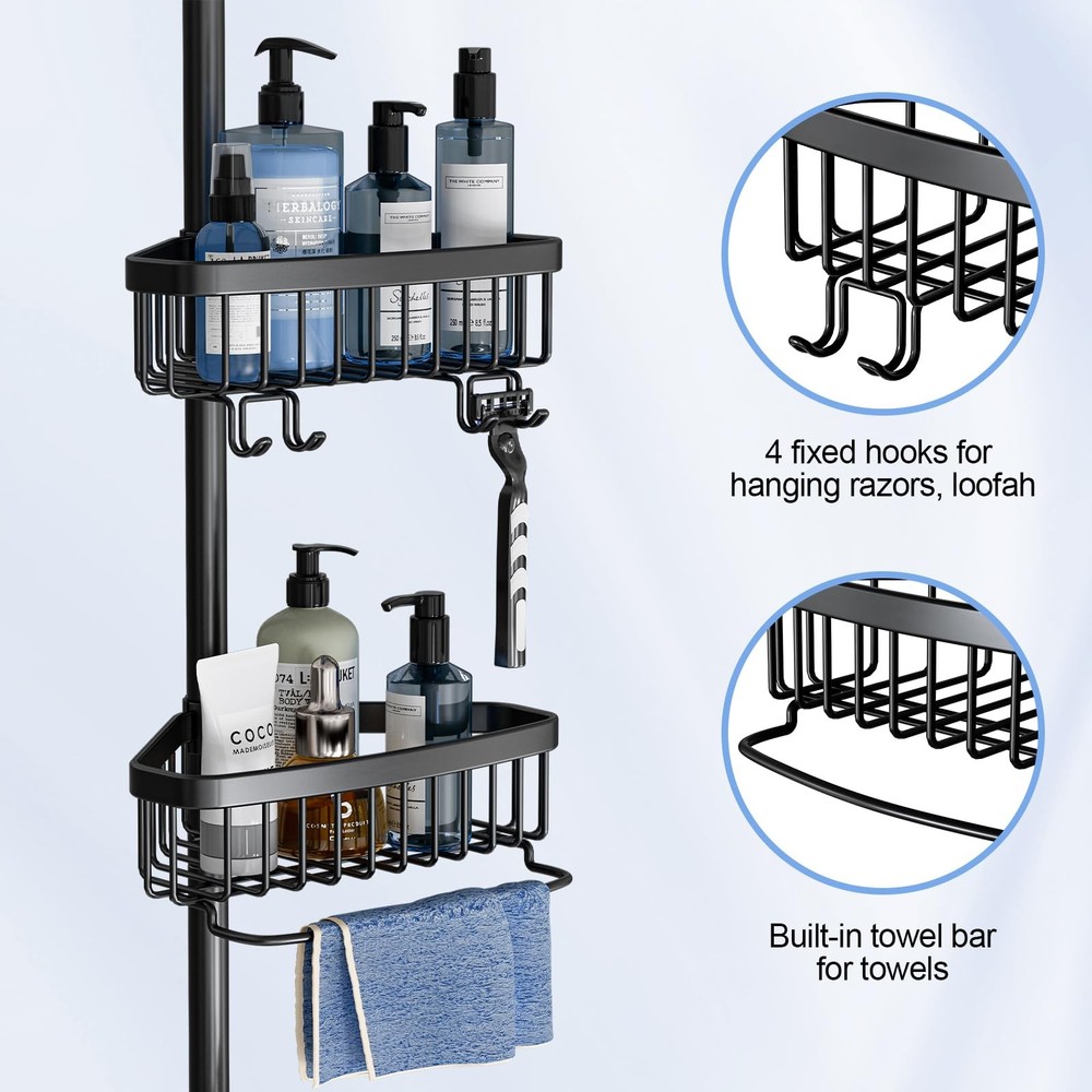 Corner Shower Caddy Tension Pole: Adjustable Rustproof 4-Tier Inside Bathroom...