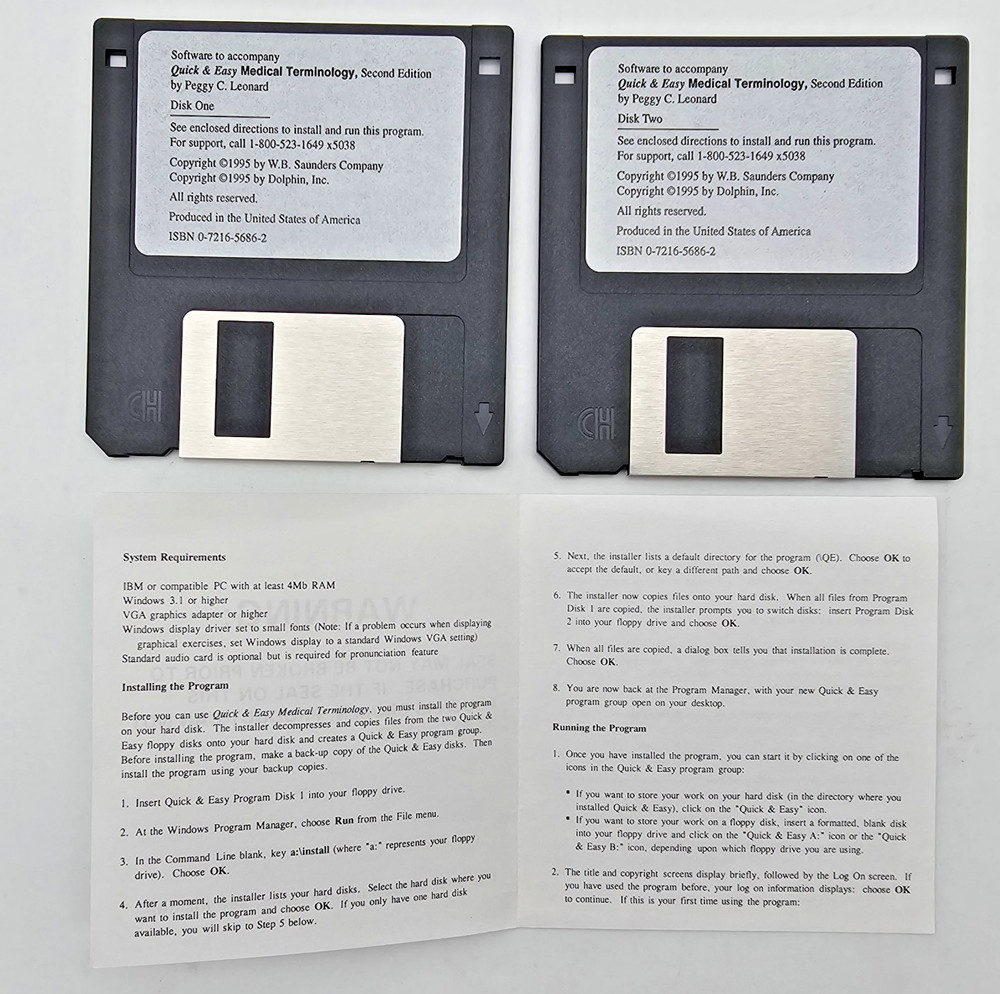 Quick & Easy Medical Terminology 2nd Ed Software – 2 Original DOS Diskettes 1995