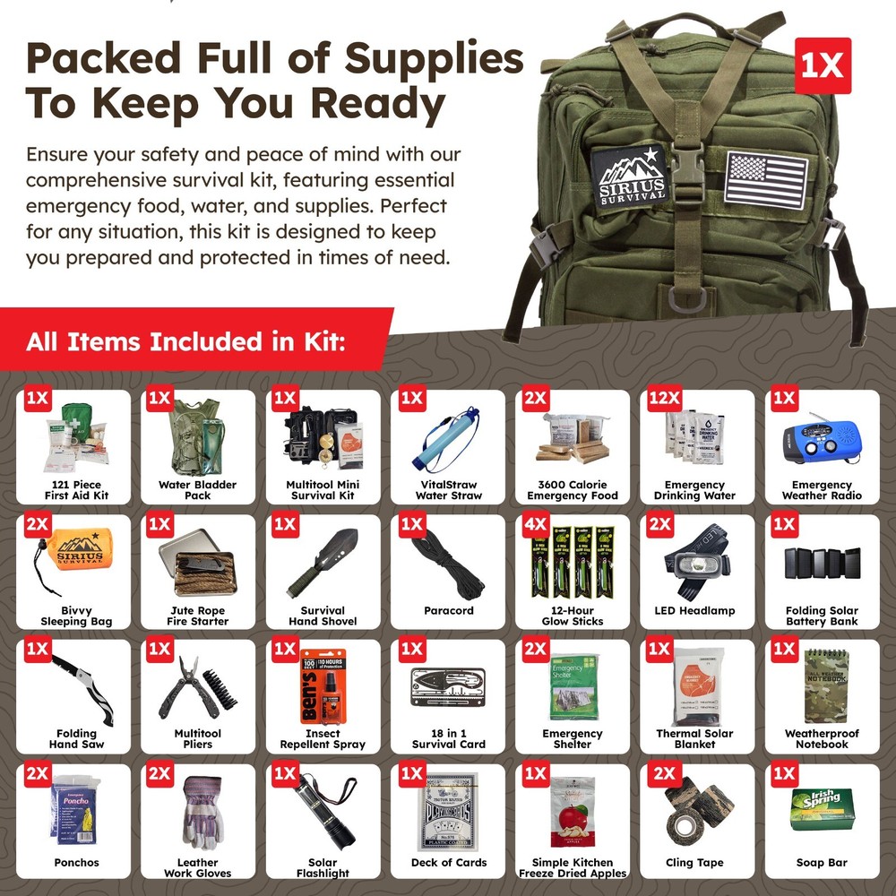 Sirius Survival Bug Out Bag - Premium Bugout Backpack Pre-Packed Survival Kit