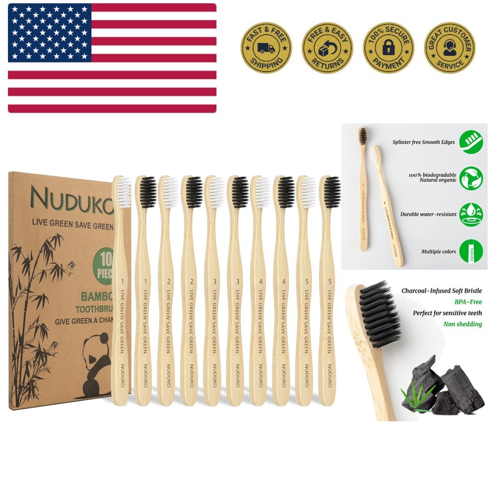 10 Pack Bamboo Toothbrushes - Soft Charcoal Bristles, Eco-Friendly & Biodegra...