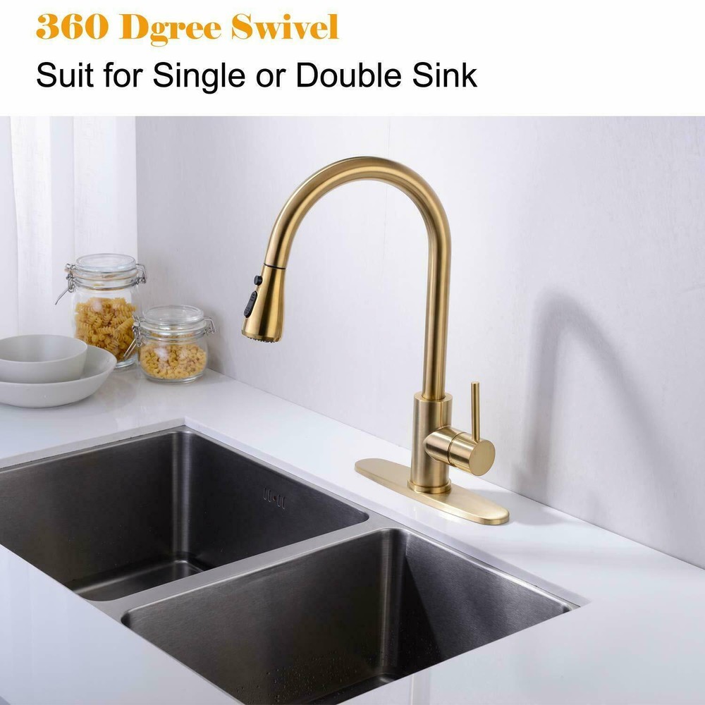 Brushed Gold Kitchen Sink Faucet Pull Down Sprayer Swivel Single Handle Mixer