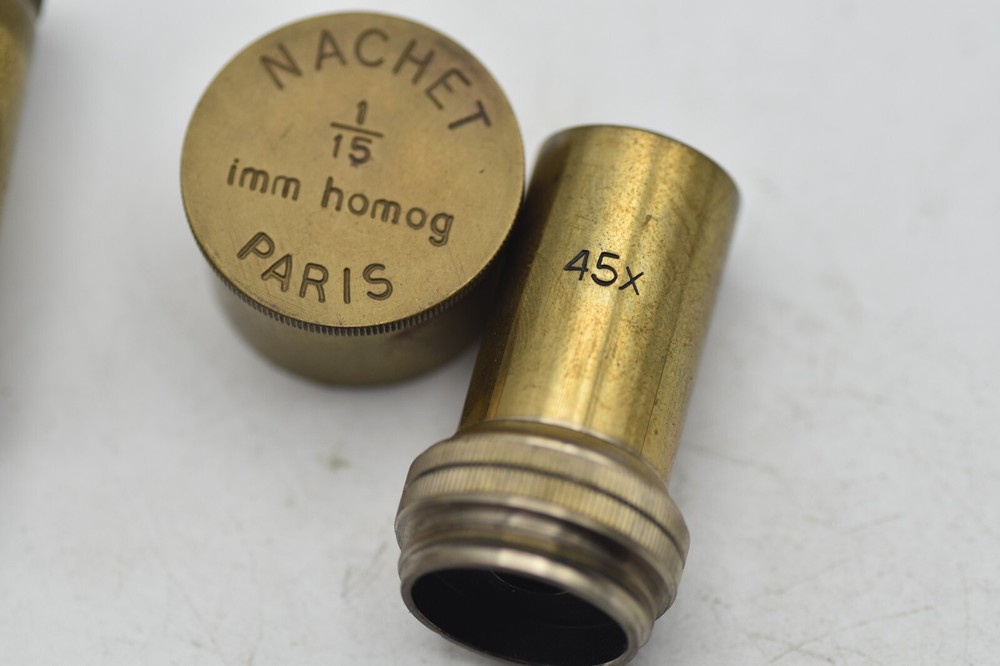 ANTIQUE BRASS MICROSCOPE OBJECTIVE IN BOX NACHET 45X