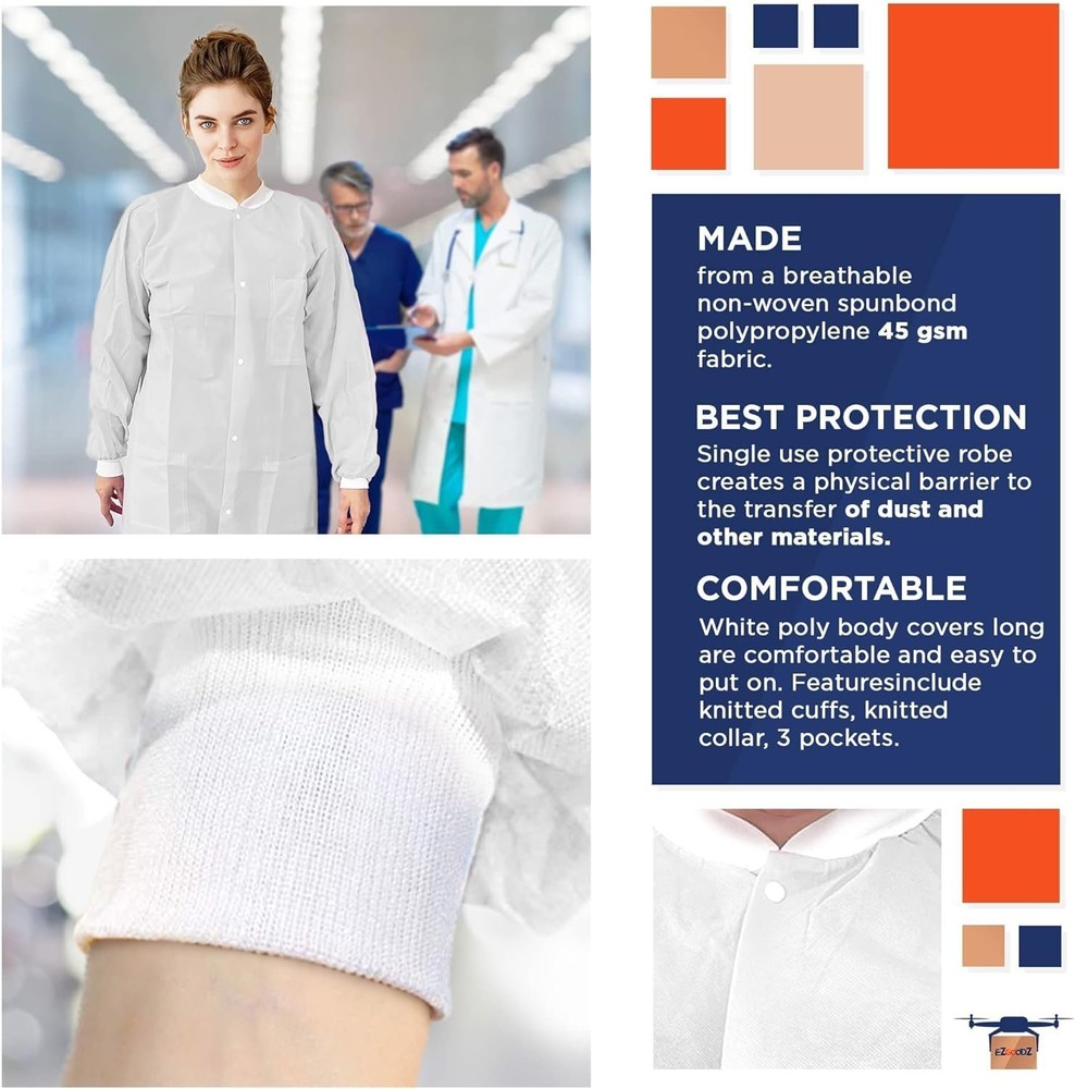 Disposable Lab Coats White SPP 45 gsm Work Gowns Medium (10 Pack)