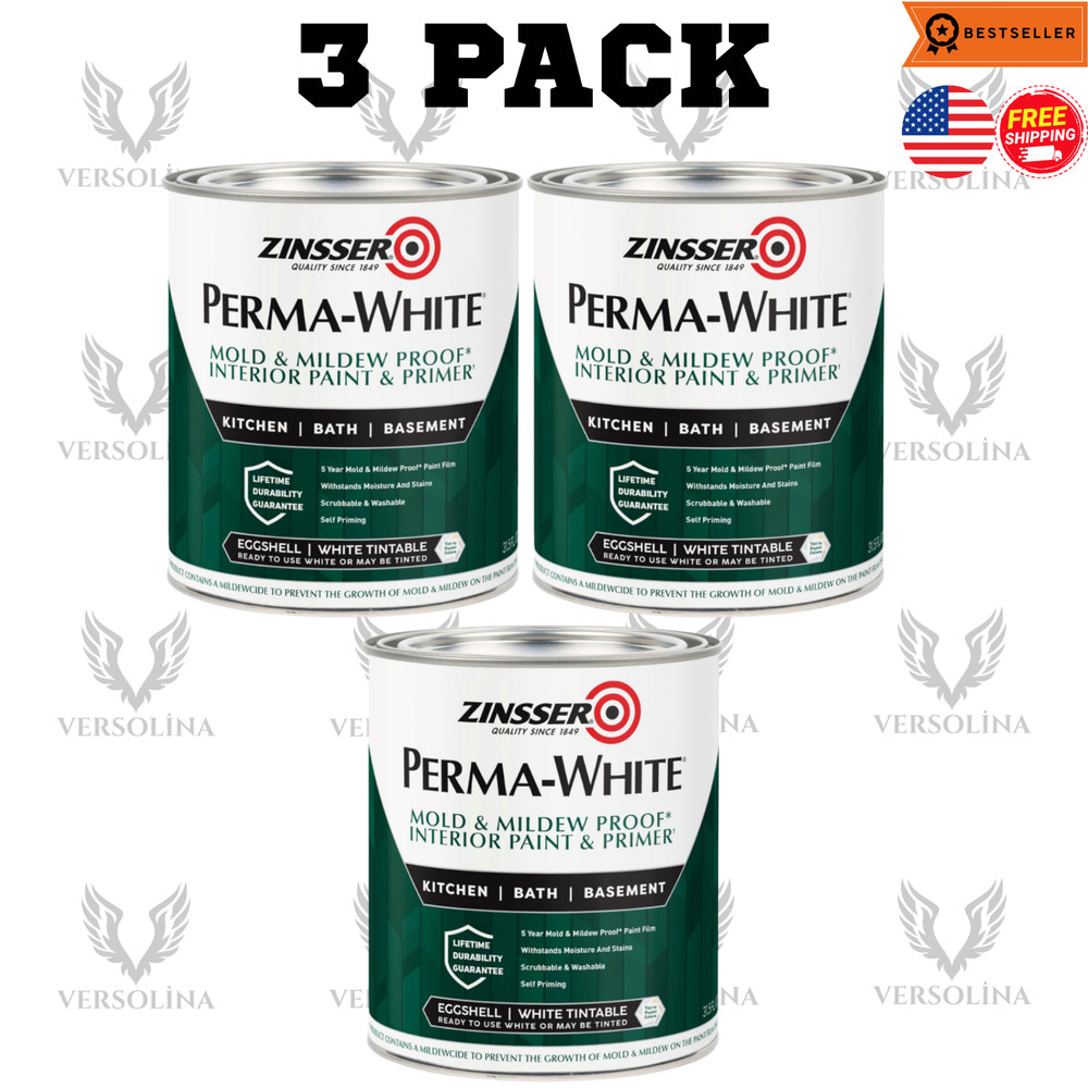 3 pack PERMA-WHITE Mold & Mildew Proof Interior Paint Quart Eggshell White