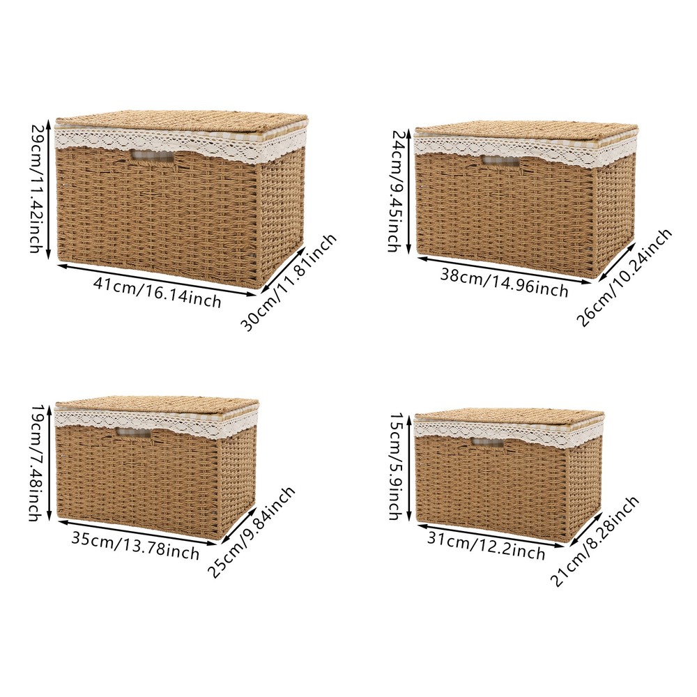 4 Pieces Light Brown Rustic Rectangular Woven Baskets With Handles Lace Lid