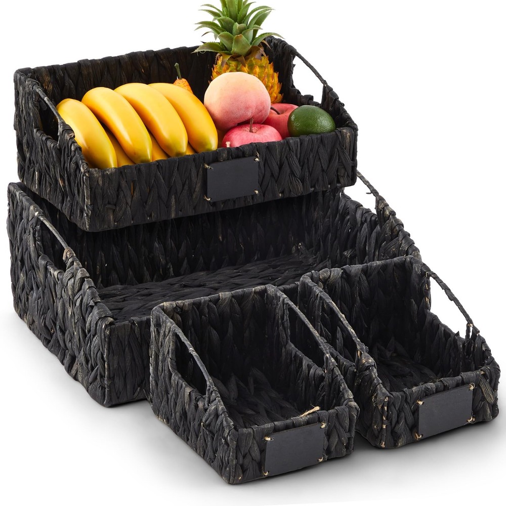 4 PCS Natural Wicker Storage Baskets Stackable Handwoven Bins Black Shelf
