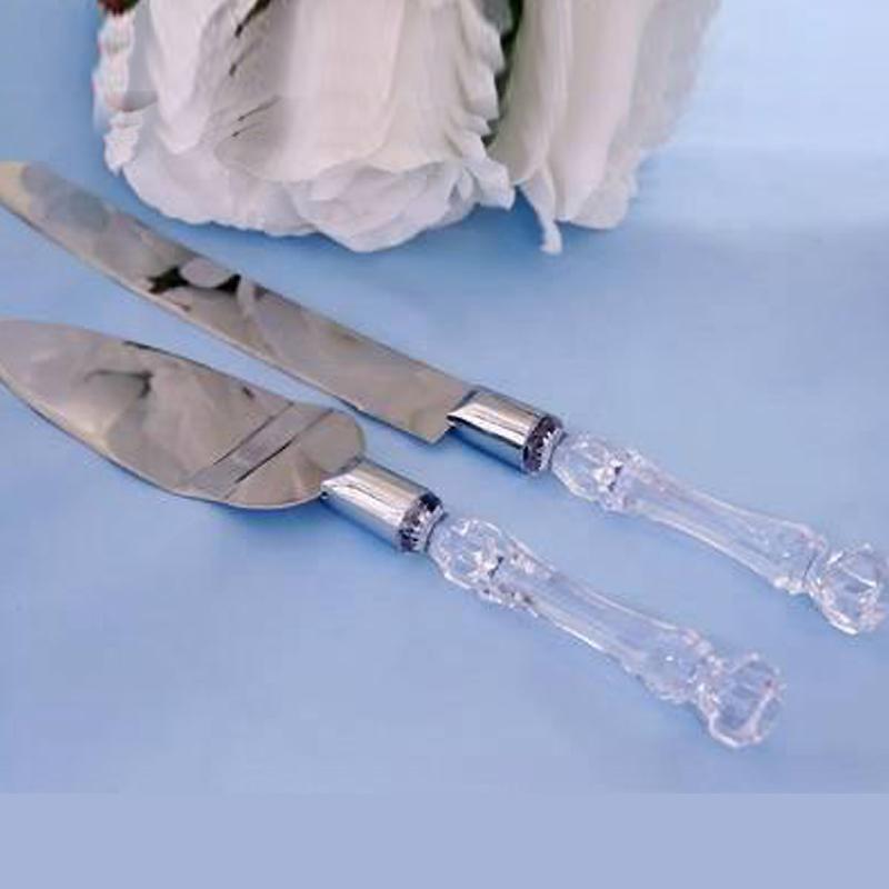 Silver Clear Knife and Server Crystal Handles Cake Serving Set Wedding Tableware