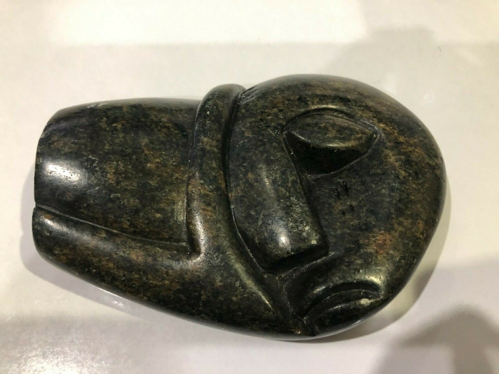 Carved Black/Brown Stone Head - 11.25 cm